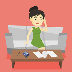 Image showing Unhappy asian woman accounting home bills.