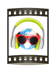 Image showing Earth planet with earphones and sunglasses. 3d illustration. The