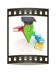 Image showing Pointer of education in graduation hat with books around. 3d ill