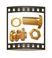 Image showing Gold Bolt with nut. 3d illustration. The film strip.