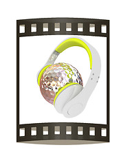 Image showing Metal Golf Ball With headphones. 3d illustration. The film strip