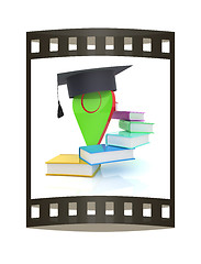 Image showing Pointer of education in graduation hat with books around. 3d ill