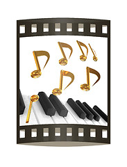 Image showing music notes  background. 3D illustration. The film strip.