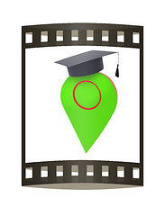 Image showing Geo pin with graduation hat on white. School sign, geolocation a