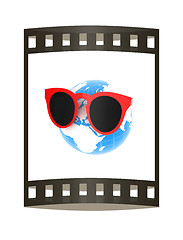 Image showing Earth planet with earphones and sunglasses. 3d illustration. The