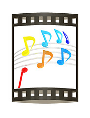 Image showing music notes  background. 3D illustration. The film strip.