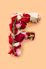 Image showing Letter F made from red roses and petals isolated on a white background