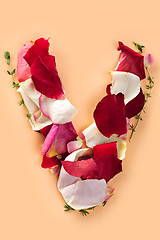 Image showing Letter V made from red roses and petals isolated on a white background