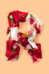 Image showing Letter R made from red roses and petals isolated on a white background