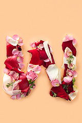 Image showing Letter W made from red roses and petals isolated on a white background