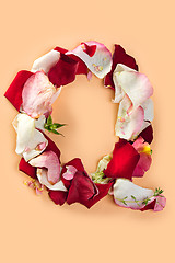 Image showing Letter Q made from red roses and petals isolated on a white background