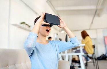 Image showing happy woman with virtual reality headset at office