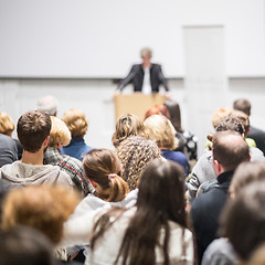 Image showing Business speaker giving a talk at business conference event.