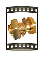 Image showing Gold Bolt with nut. 3d illustration. The film strip.