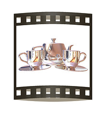 Image showing Chrome Teapot and mugs. 3d illustration. The film strip.