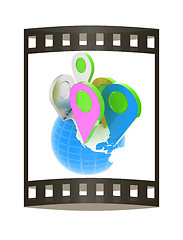 Image showing Planet Earth and map pins icon. Earth globe and colorful map lab