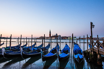 Image showing Gondolas in Venice, Italy at sunrise