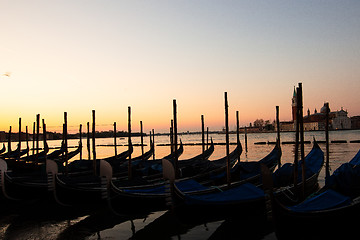 Image showing Gondolas in Venice, Italy at sunrise