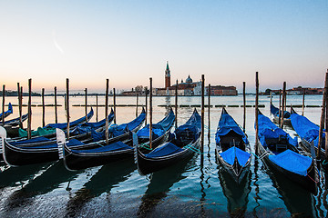 Image showing Gondolas in Venice, Italy at sunrise