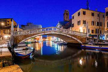 Image showing Canal view in Venice, Italy at blue hour before sunrise