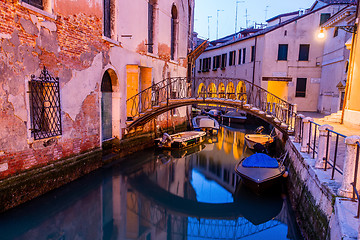 Image showing Canal view in Venice, Italy at blue hour before sunrise