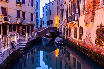 Image showing Canal view in Venice, Italy at blue hour before sunrise