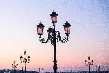 Image showing Beautiful street lamps in Venice, Italy at sunrise