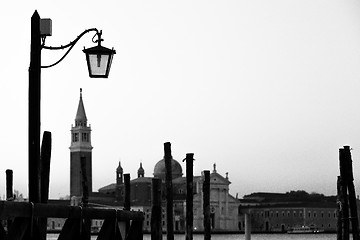 Image showing Street lamp silhouette in Venice, Italy at sunrise