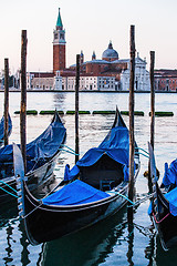 Image showing Gondolas in Venice, Italy at sunrise