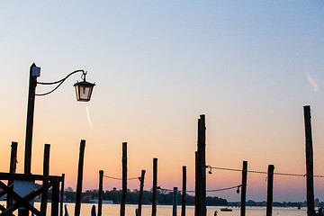 Image showing Street lamp silhouette in Venice, Italy at sunrise