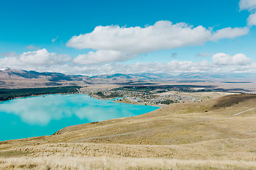 Image showing Aerial view of Lake Tekapo from Mount John Observatory in Canter