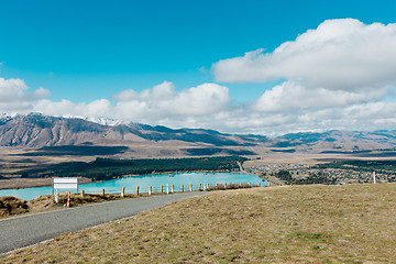 Image showing Aerial view of Lake Tekapo from Mount John Observatory in Canter