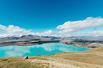 Image showing Aerial view of Lake Tekapo from Mount John Observatory in Canter