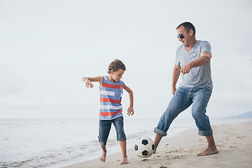 Image showing Father and son  playing on the beach at the day time.