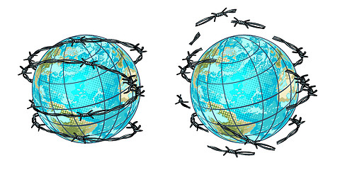 Image showing set planet earth in barbed wire and without