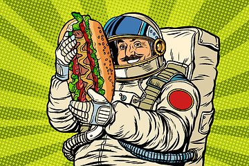 Image showing Moustached astronaut with a hotdog