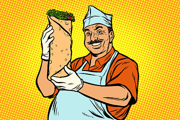 Image showing smiling Oriental street food chef. Kebab Shawarma Doner