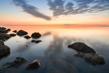 Image showing Calm sea of rocky beach of the Black Sea after sunset, Anapa, Russia