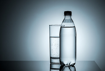 Image showing Plastic bottle and glass with water