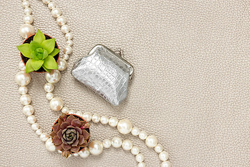 Image showing Silver purse, pearl necklace and succulent plants