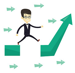 Image showing Business man jumping over gap on arrow going up.