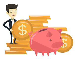 Image showing Business man putting coin in piggy bank.