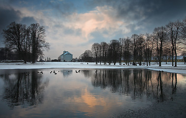 Image showing Church in hoersholm slotshave in winter