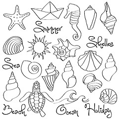 Image showing Hand drawn doodle Seashells and Sea elements set