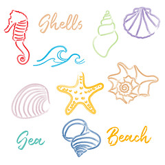 Image showing Hand drawn doodle watercolor Seashells and Sea elements set