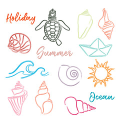 Image showing Hand drawn doodle watercolor Seashells and Sea elements set