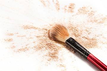 Image showing Close-up of crushed mineral shimmer powder golden color with makeup brush