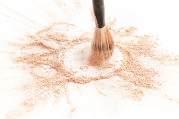 Image showing Close-up of crushed mineral shimmer powder golden color with makeup brush