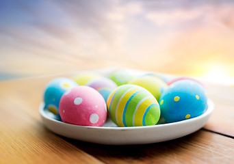 Image showing close up of colored easter eggs on plate