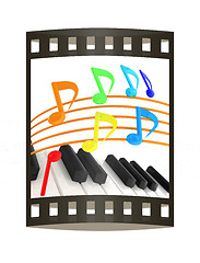 Image showing music notes  background. 3D illustration. The film strip.